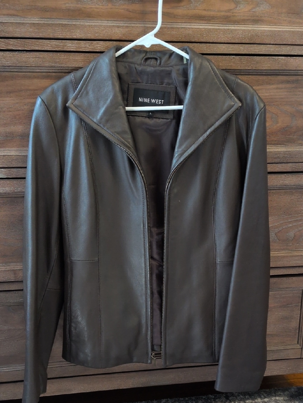 Nine West Women's Brown Leather Zip-Front Jacket